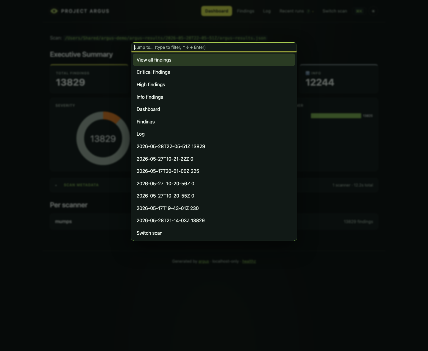 Argus browser command palette — fuzzy launcher listing views, severity filters, and recent runs over a dimmed dashboard