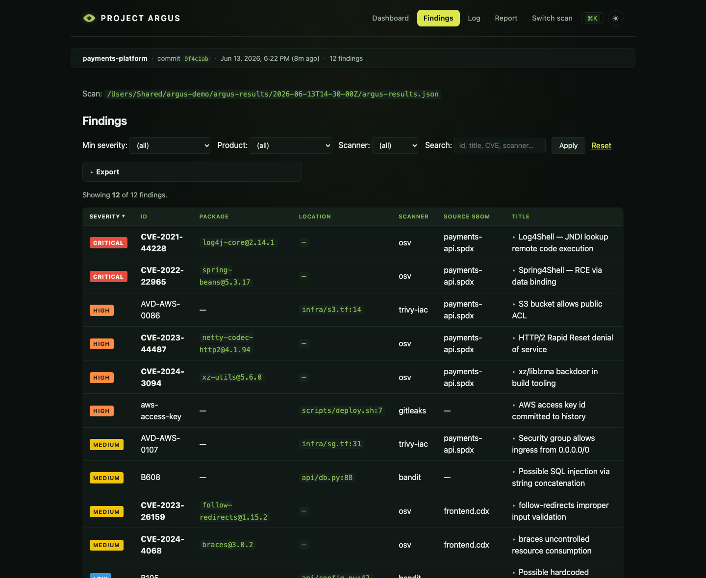 Argus browser findings table — severity-badged rows with filter bar, count, and export