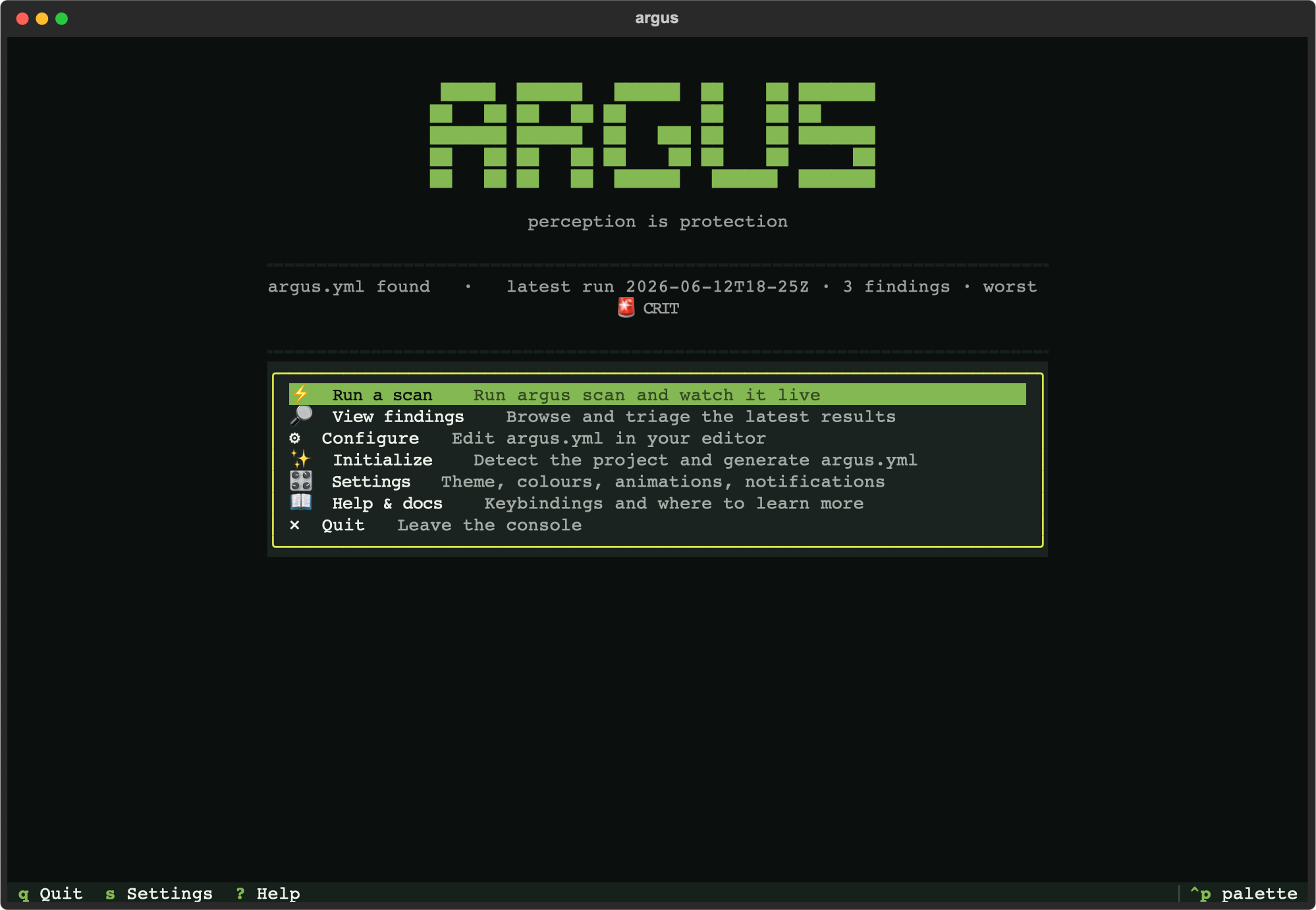 Argus Console home — wordmark, project status line, and the launcher menu