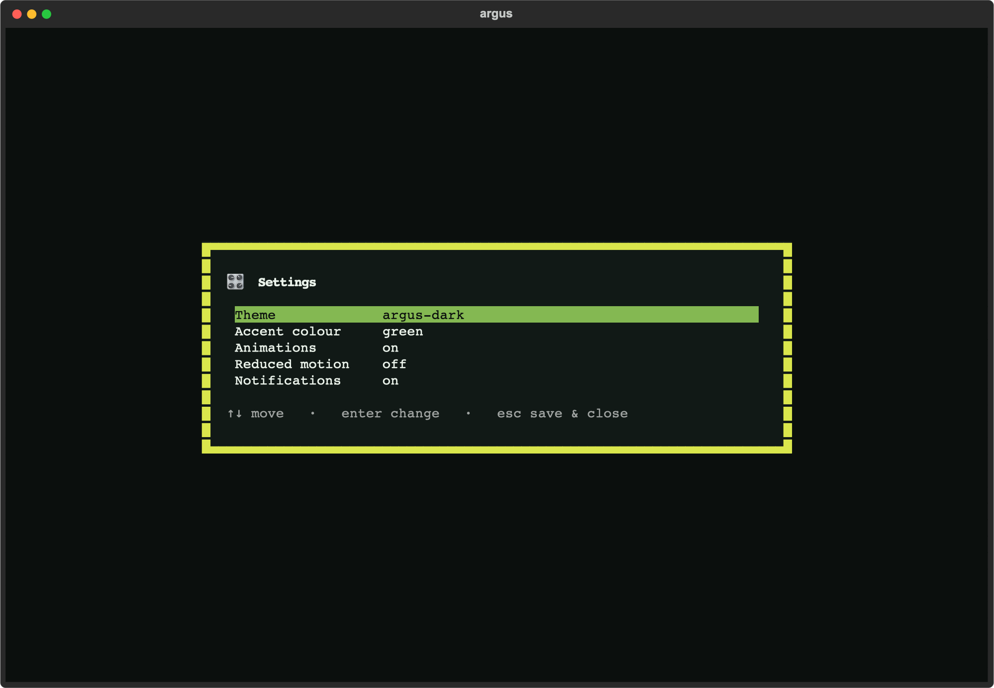 Argus Console settings — theme, accent, animations, reduced motion, notifications