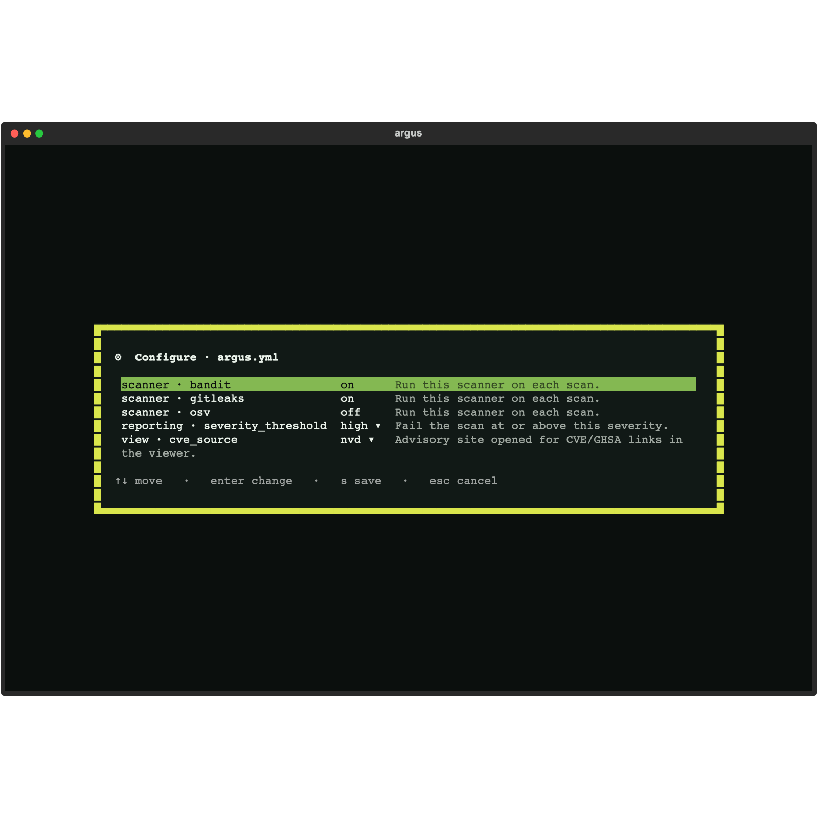 Console Configure screen — a form editor for argus.yml with scanner toggles and setting dropdowns