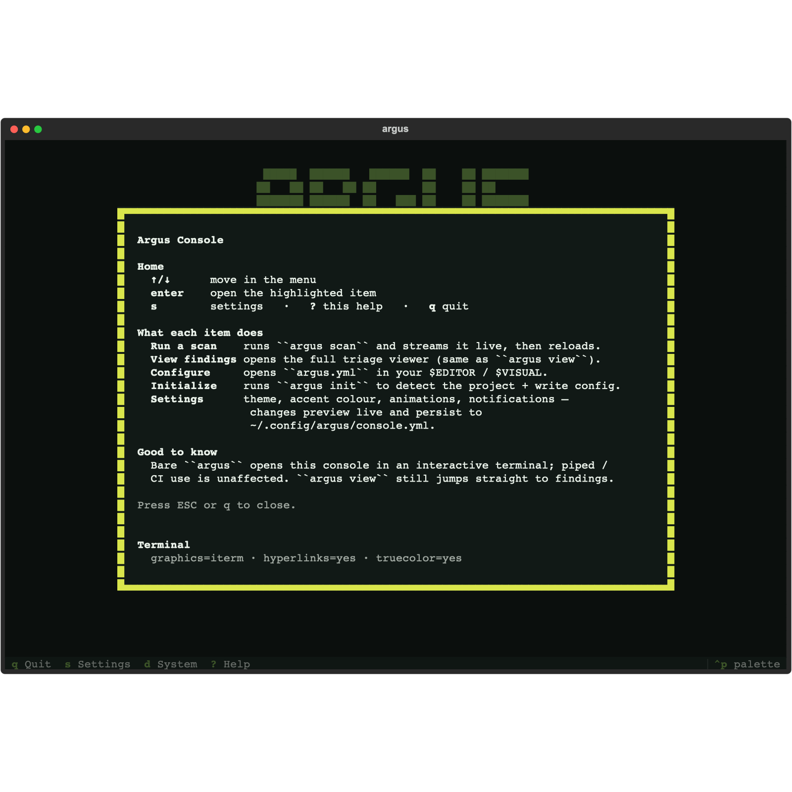 Console help — keybindings and detected terminal capabilities