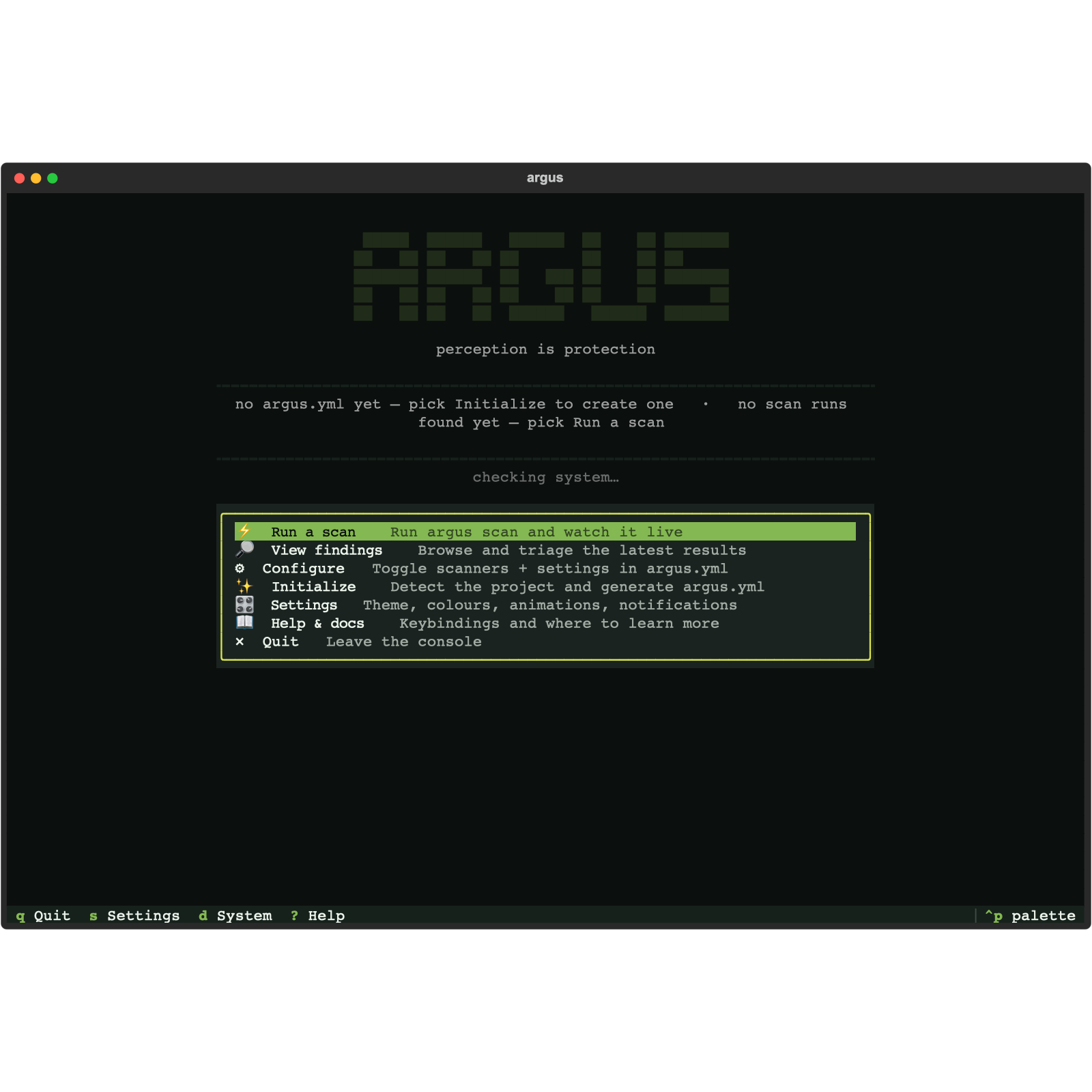 The Argus Console home screen — wordmark, project and system-readiness status, and the launcher menu
