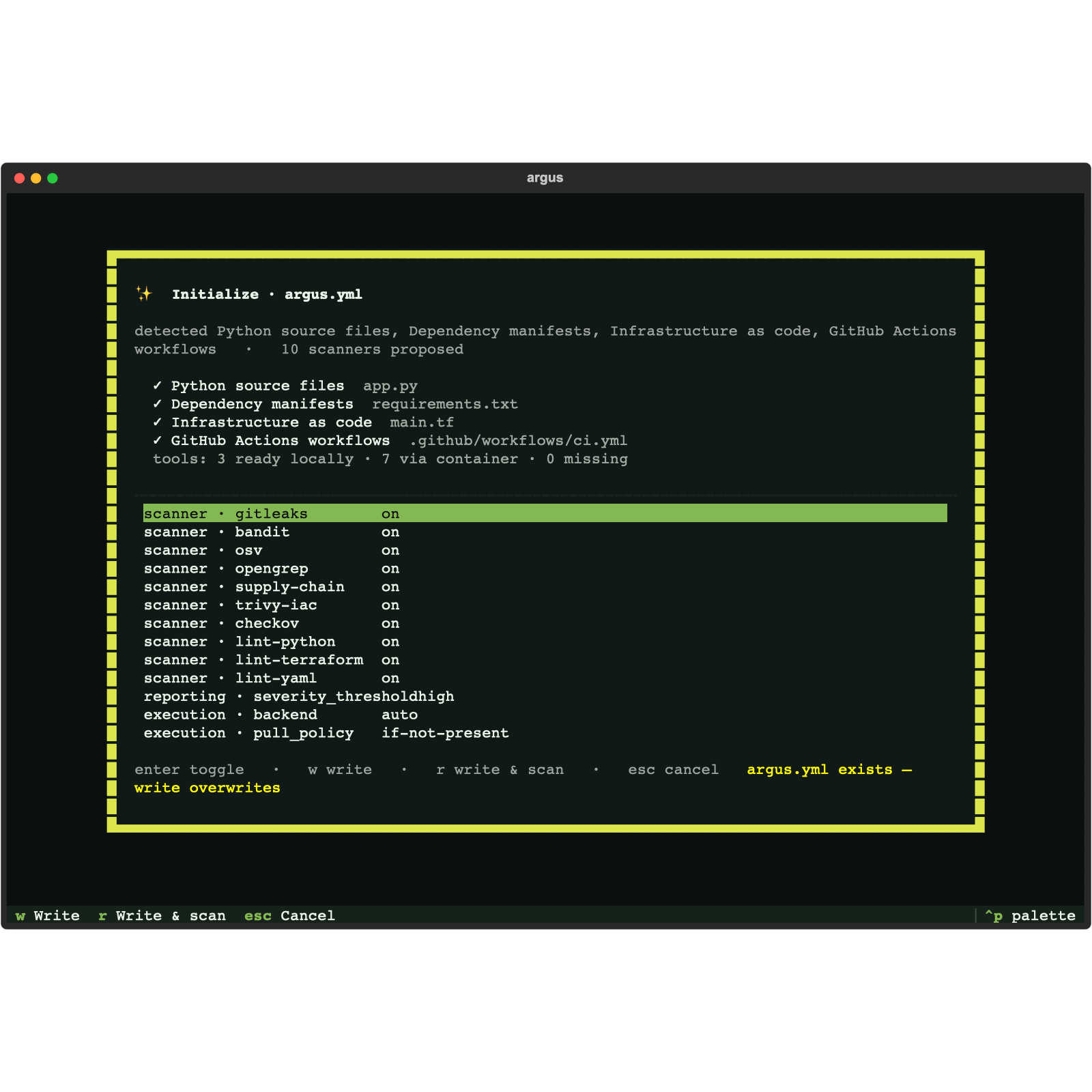 Console Initialize wizard — detected project signals, proposed scanners, and tool readiness