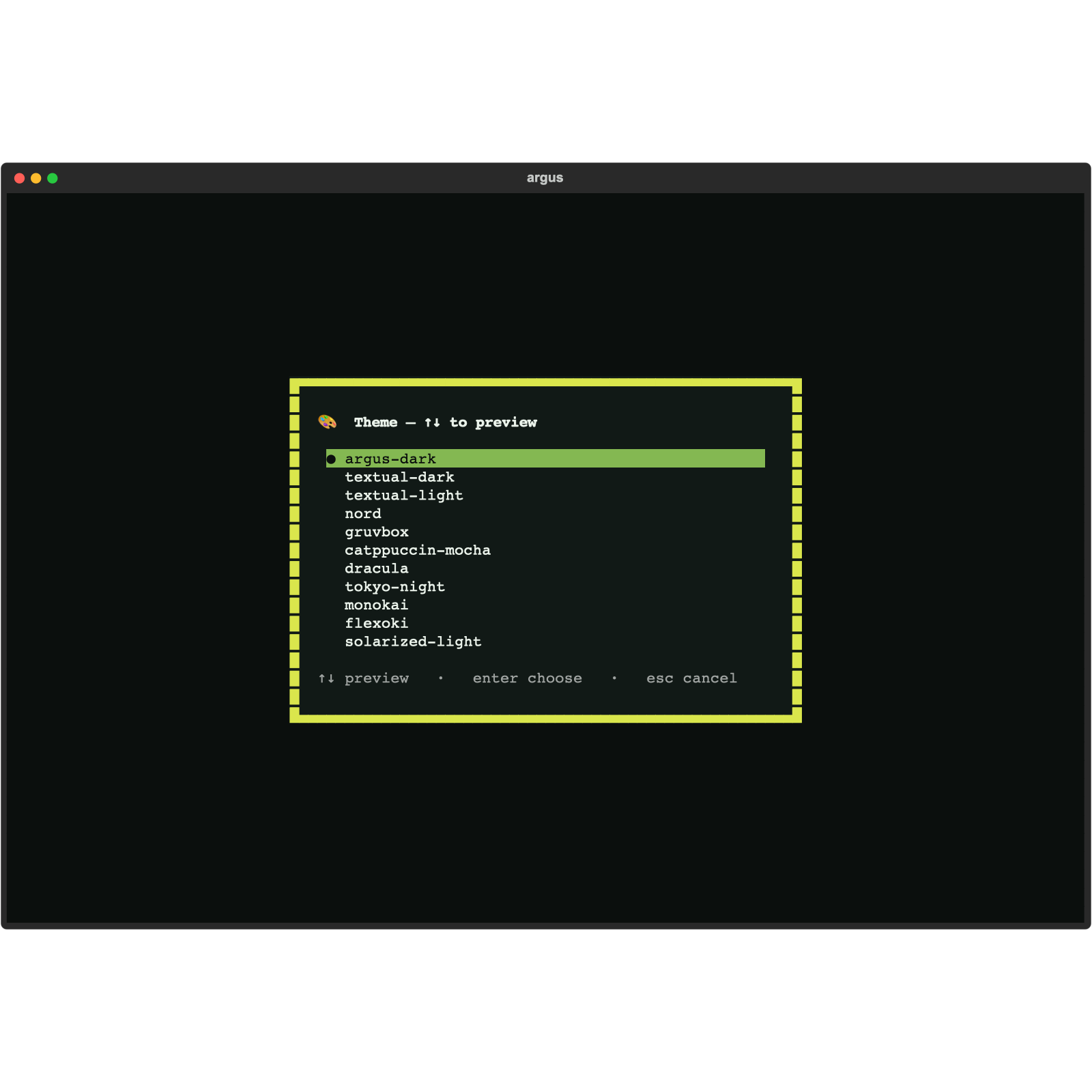 Console theme picker — a live-preview dropdown of built-in themes